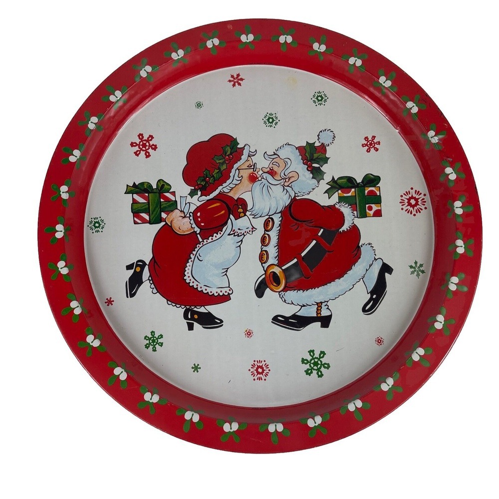 Vintage Christmas Metal Round Serving Tray Kissing Mr. & Mrs. Claus Adorable‎